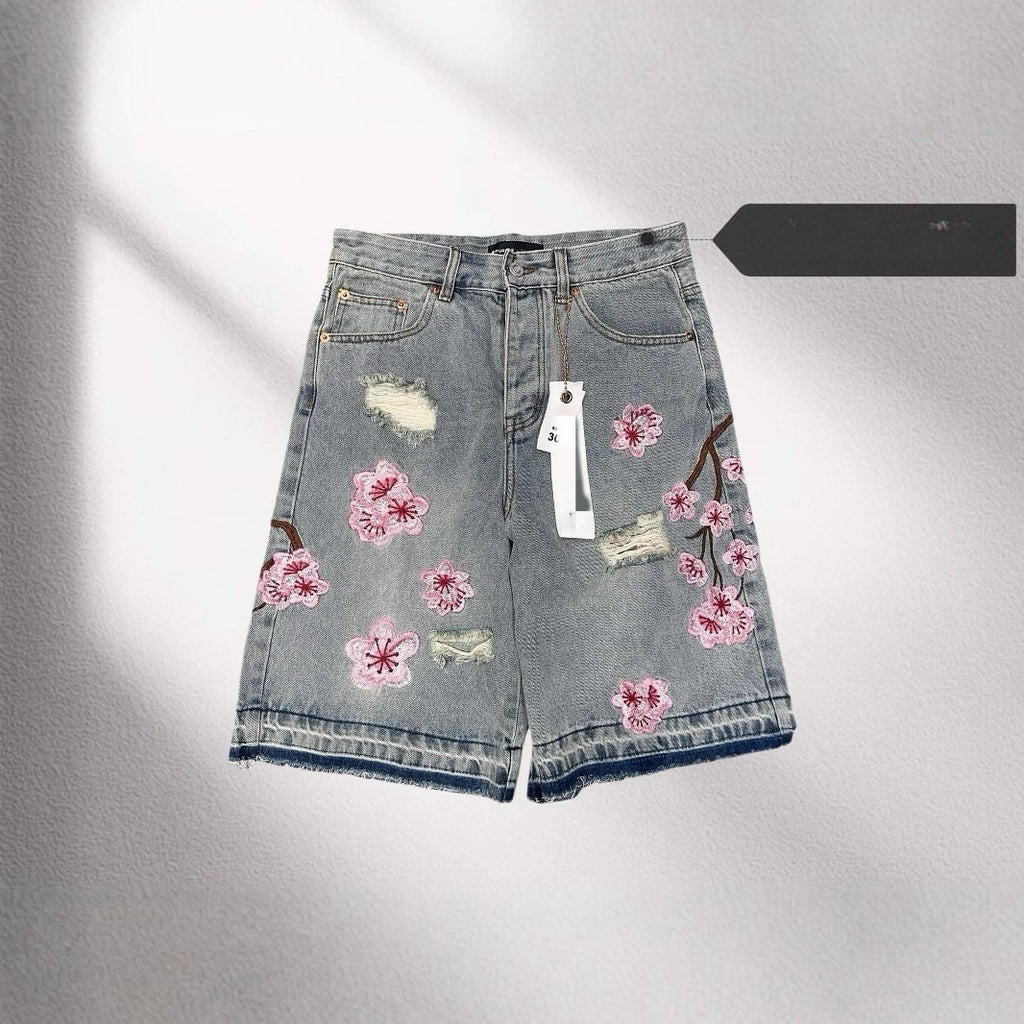 Vintage Cherry Blossom Embroidered Denim Shorts for Men