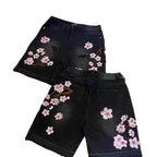 Vintage Cherry Blossom Embroidered Denim Shorts for Men