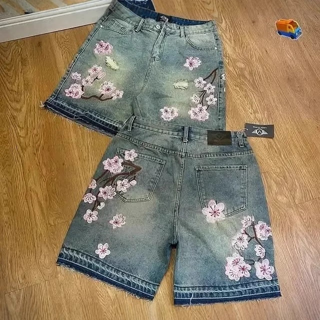 Vintage Cherry Blossom Embroidered Denim Shorts for Men