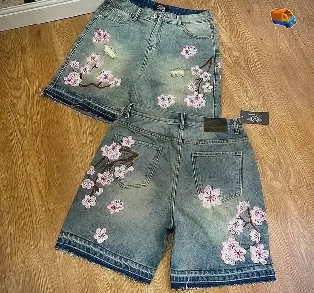 Vintage Cherry Blossom Embroidered Denim Shorts for Men