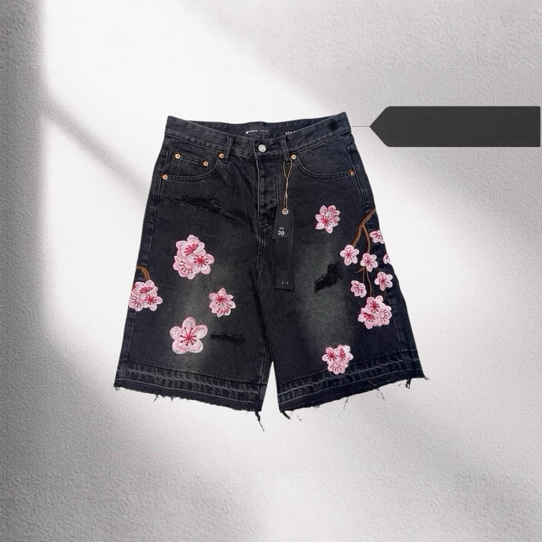 Vintage Cherry Blossom Embroidered Denim Shorts for Men