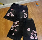 Vintage Cherry Blossom Embroidered Denim Shorts for Men