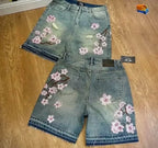 Vintage Cherry Blossom Embroidered Denim Shorts for Men