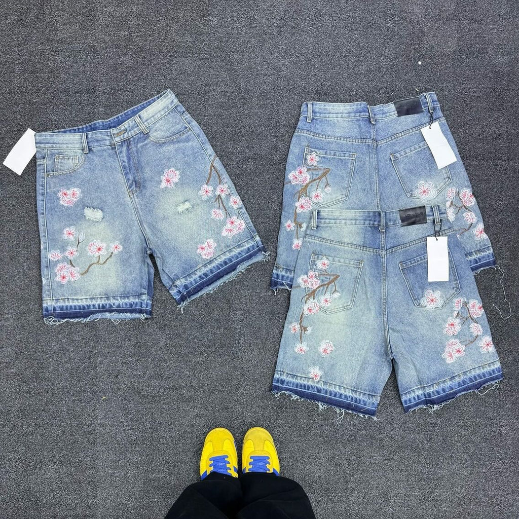 Vintage Cherry Blossom Embroidered Denim Shorts for Men