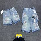 Vintage Cherry Blossom Embroidered Denim Shorts for Men