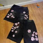 Vintage Cherry Blossom Embroidered Denim Shorts for Men
