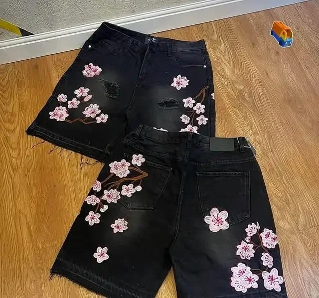 Vintage Cherry Blossom Embroidered Denim Shorts for Men