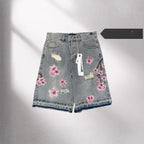 Vintage Cherry Blossom Embroidered Denim Shorts for Men